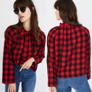 Madewell Buffalo Check Tie Neck Popover Top size XL